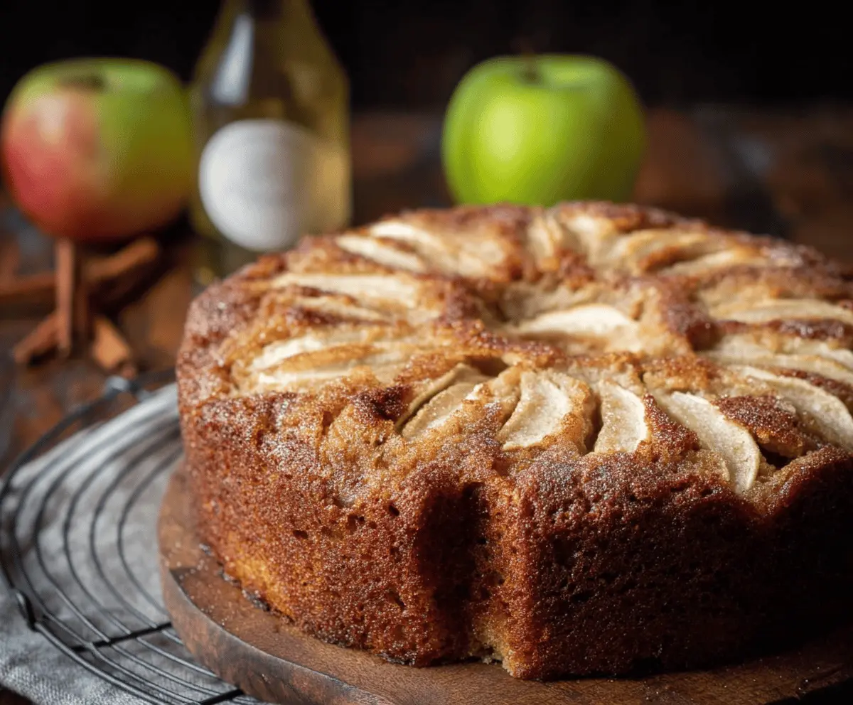 Delicious homemade apple cider cake with cinnamon frosting and apple slices, perfect for fall desserts