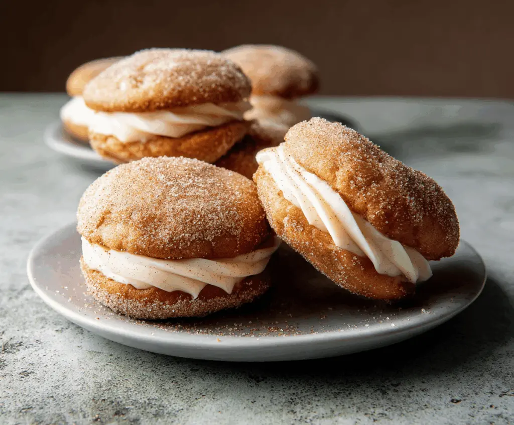 Delicious homemade apple cider whoopie pies with creamy filling on a rustic plate, perfect for fall desserts