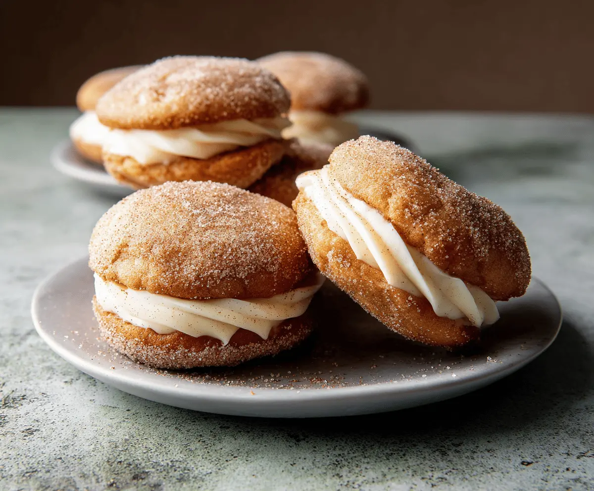 Delicious homemade apple cider whoopie pies with creamy filling on a rustic plate, perfect for fall desserts