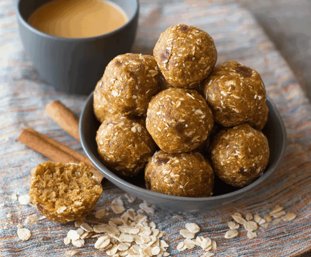 Delicious homemade Apple Cinnamon Pumpkin Protein Balls on a white plate, showcasing a healthy, energy-boosting snack with autumn flavors