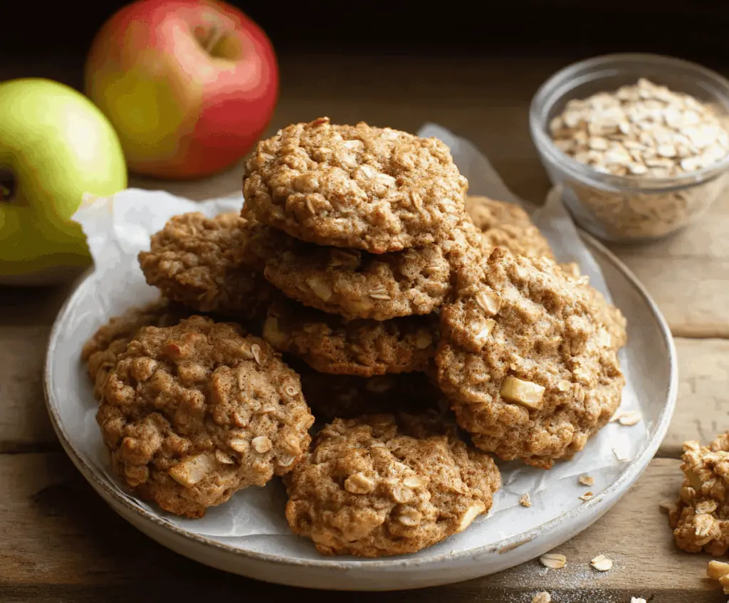Homemade apple oatmeal cookies with chunks of fresh apples and oats on a baking sheet, perfect for a healthy snack or dessert
