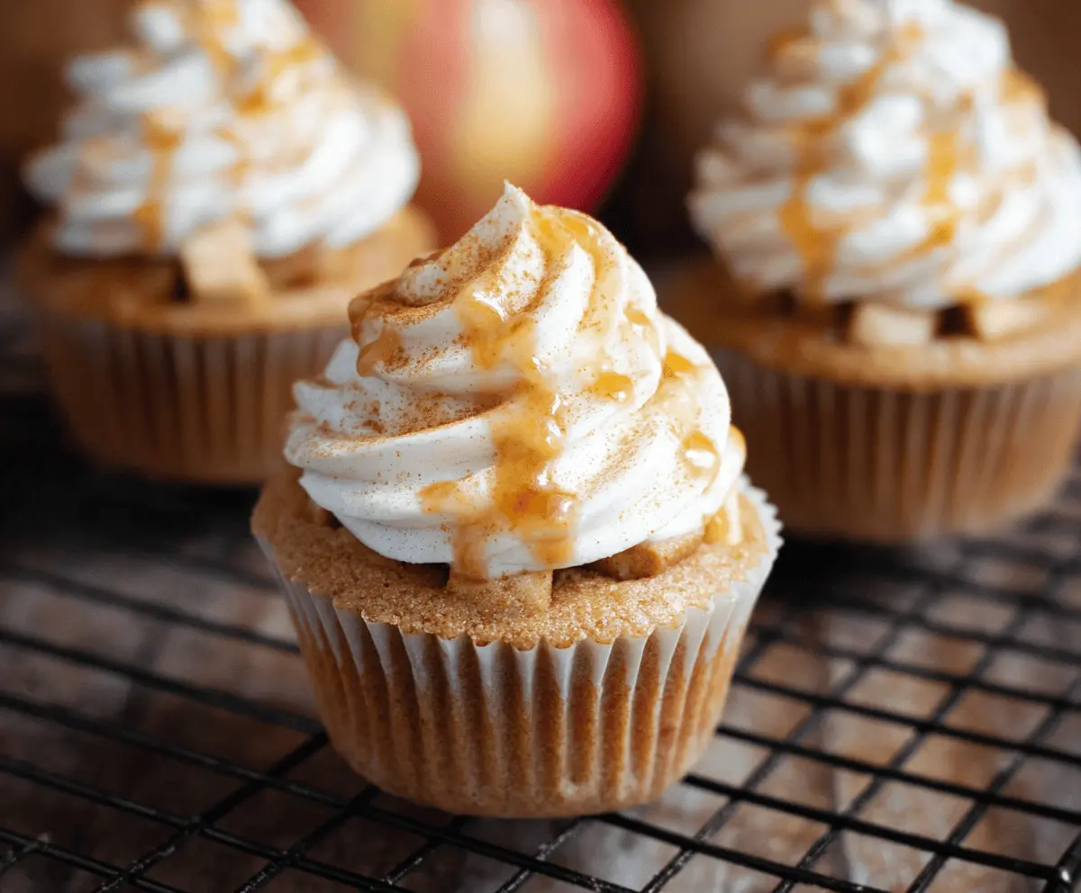 Delicious homemade apple pie cupcakes with golden crust, spiced apple filling, and whipped topping, perfect for fall desserts