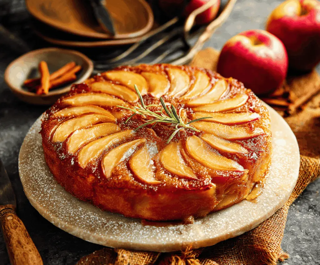 Delicious homemade apple upside down cake topped with caramelized apple slices and golden brown crust, ready to serve.