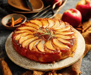 Delicious homemade apple upside down cake topped with caramelized apple slices and golden brown crust, ready to serve.