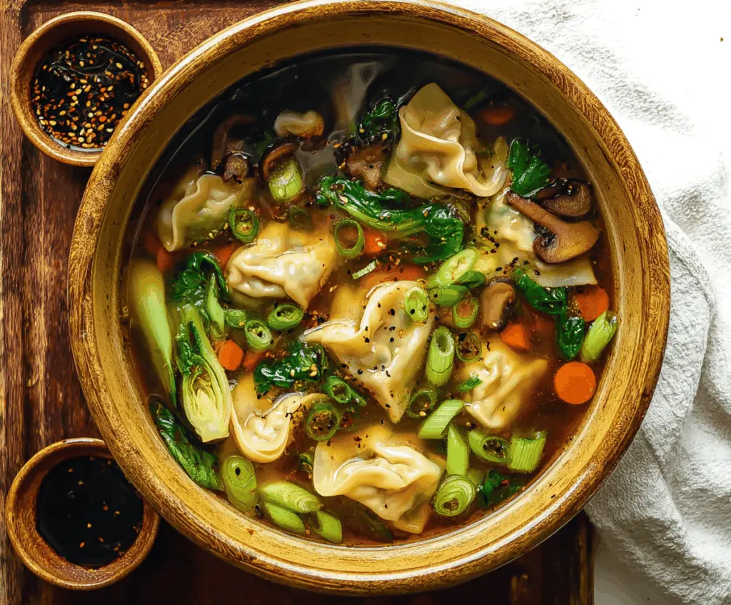 A steaming bowl of Asian Dumpling Potsticker Soup featuring golden potstickers, fresh vegetables, and aromatic broth, perfect for a comforting Asian-inspired meal.