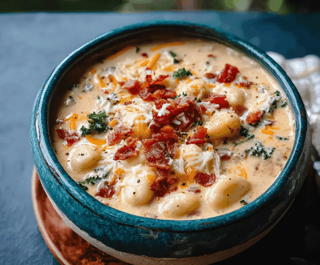 Creamy Bacon Cheddar Gnocchi Soup in a bowl with crispy bacon, melted cheddar cheese, and tender gnocchi, garnished with fresh herbs