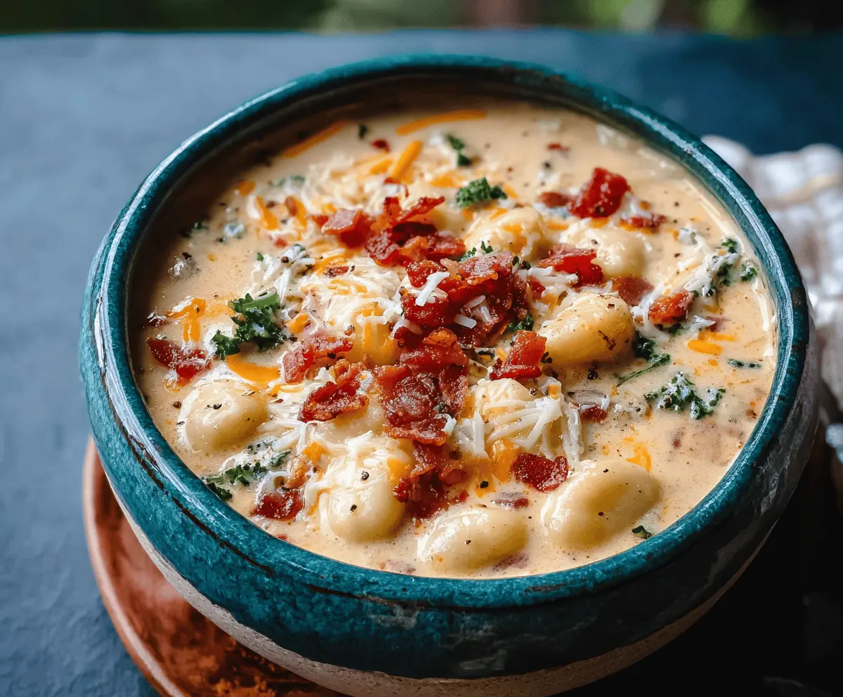 Creamy Bacon Cheddar Gnocchi Soup in a bowl with crispy bacon, melted cheddar cheese, and tender gnocchi, garnished with fresh herbs