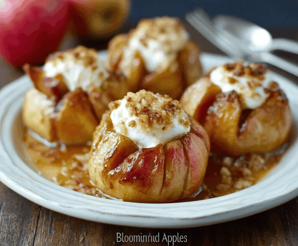 Delicious baked Bloomin’ Apples topped with cinnamon and caramel sauce, served on a rustic plate, perfect for fall desserts.