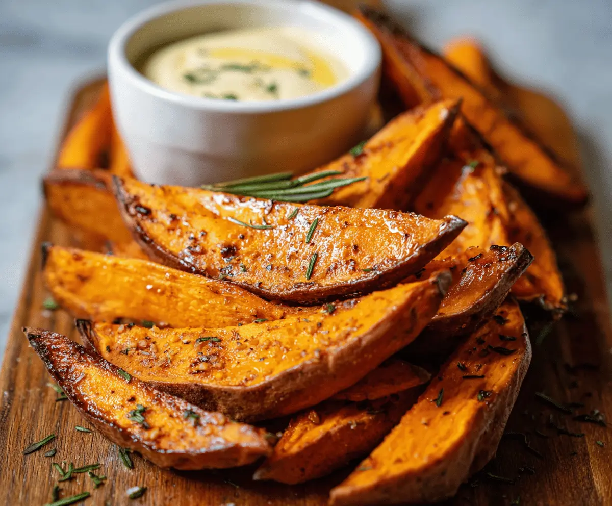 Baked sweet potato wedges on a baking sheet, crispy and golden brown, ready to serve as a healthy snack or side dish