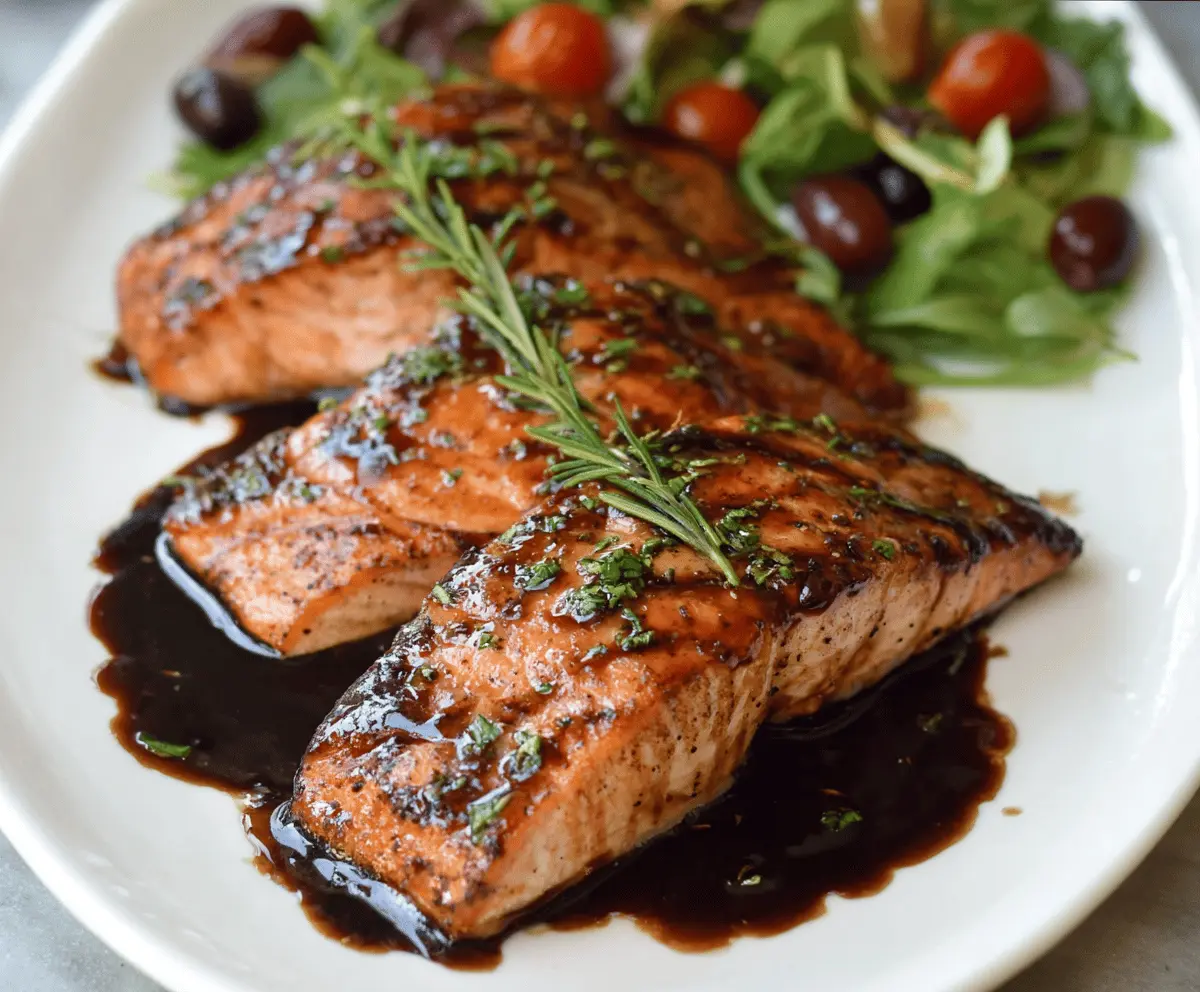 Delicious balsamic glazed salmon fillet garnished with fresh herbs on a white plate, perfect for a healthy dinner