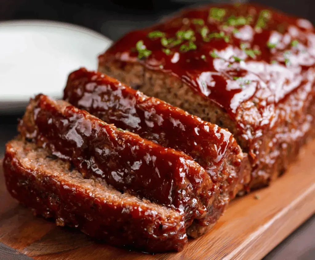 Juicy BBQ glazed meatloaf topped with smoky sauce and fresh herbs, served on a plate with side vegetables.