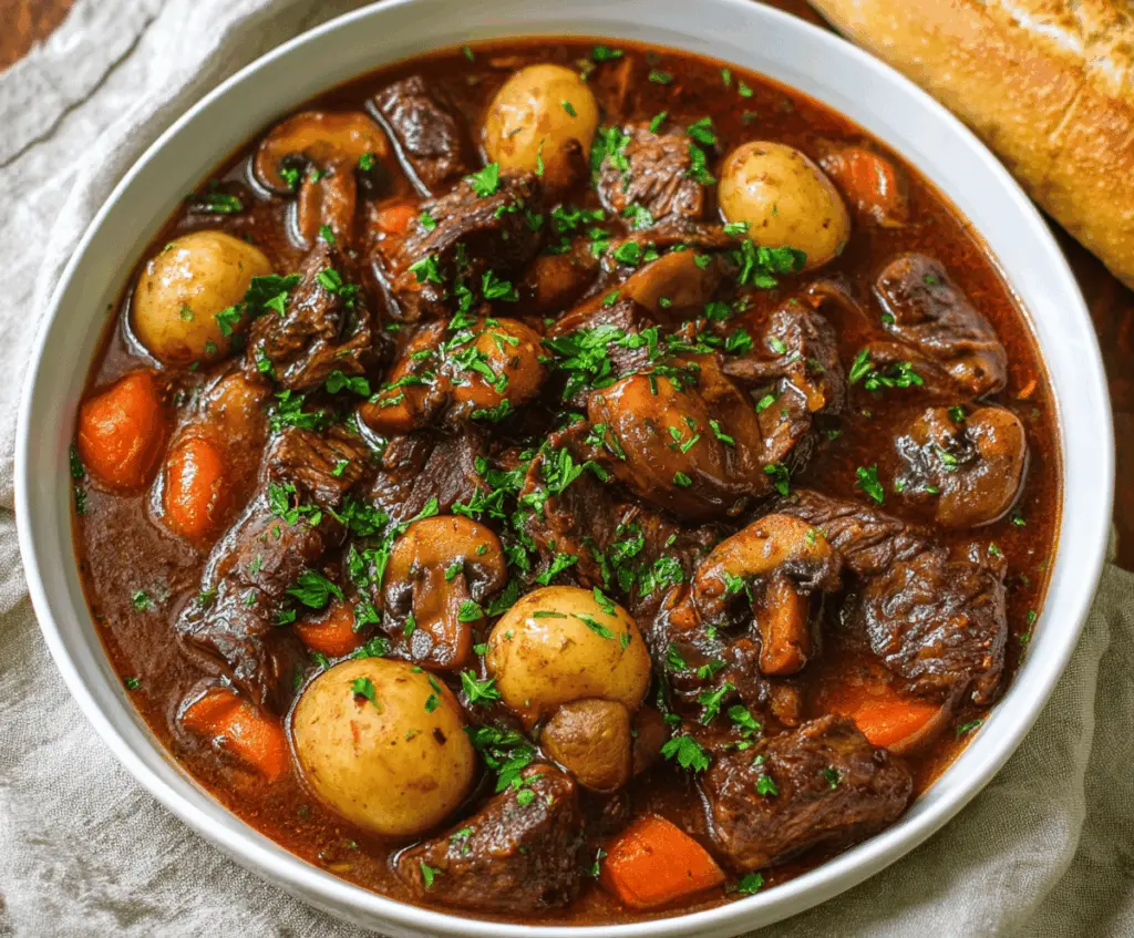 Hearty beef stew with tender beef chunks and sliced mushrooms in a rich broth, served in a rustic bowl.