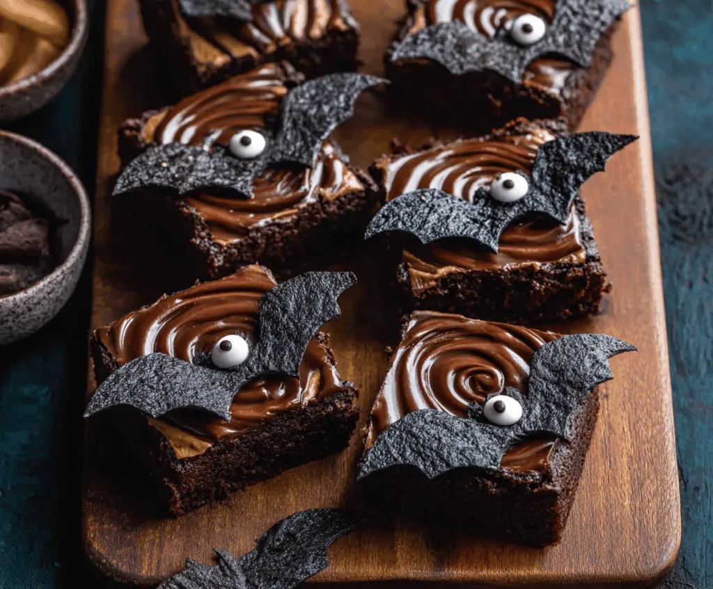 Delicious Black Bat Brownies topped with spooky chocolate decorations for a Halloween treat