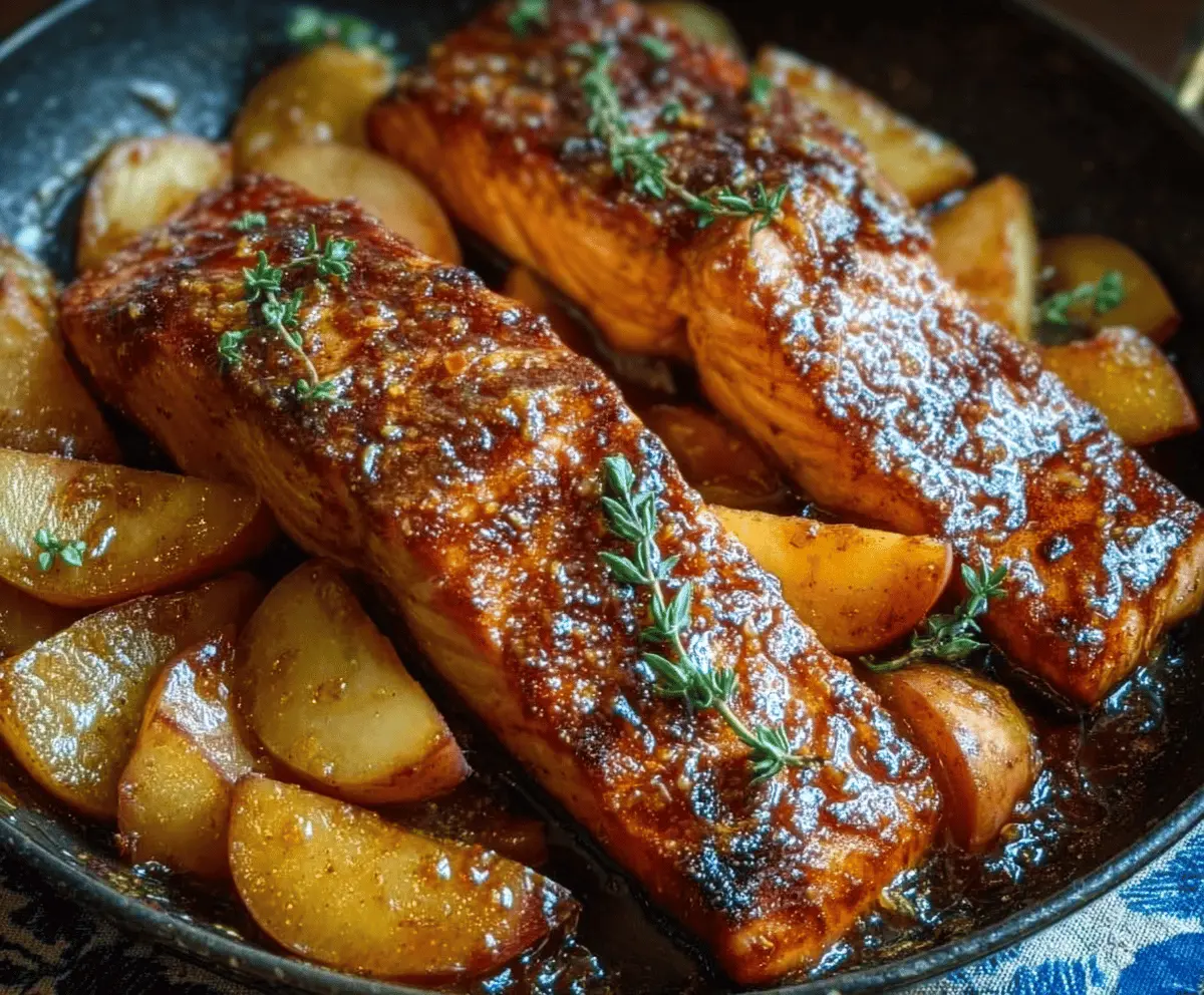 Bourbon Peach Roasted Salmon served with fresh peaches and herbs, ready to enjoy a flavorful and healthy meal