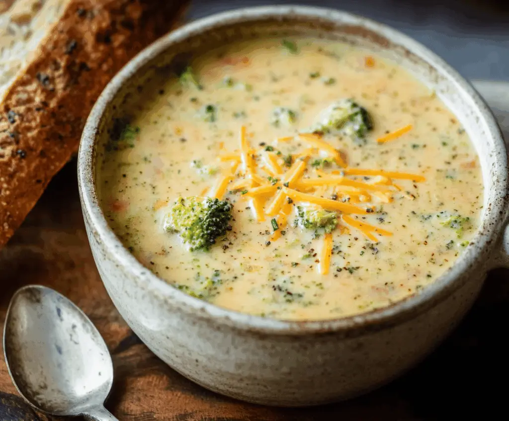 Creamy broccoli cheese soup in a bowl garnished with fresh herbs, served with bread on a rustic wooden table.