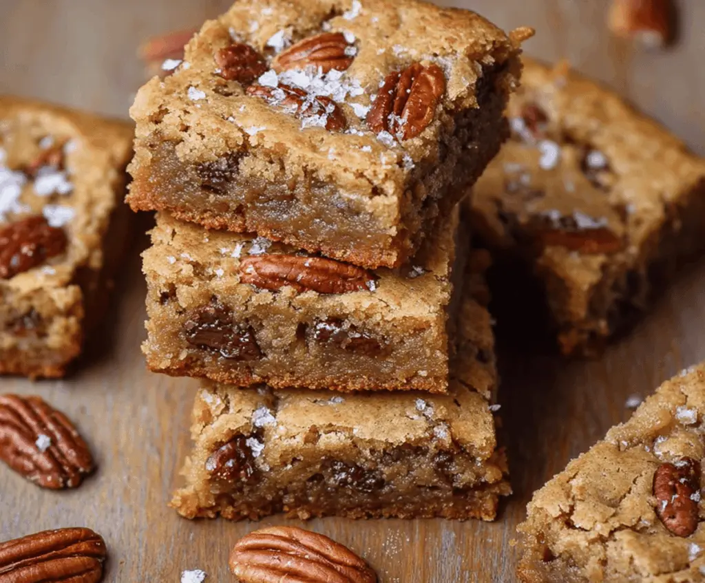 Delicious Brown Butter Pecan Blondies topped with toasted pecans and golden brown edges, perfect for a sweet, nutty treat.