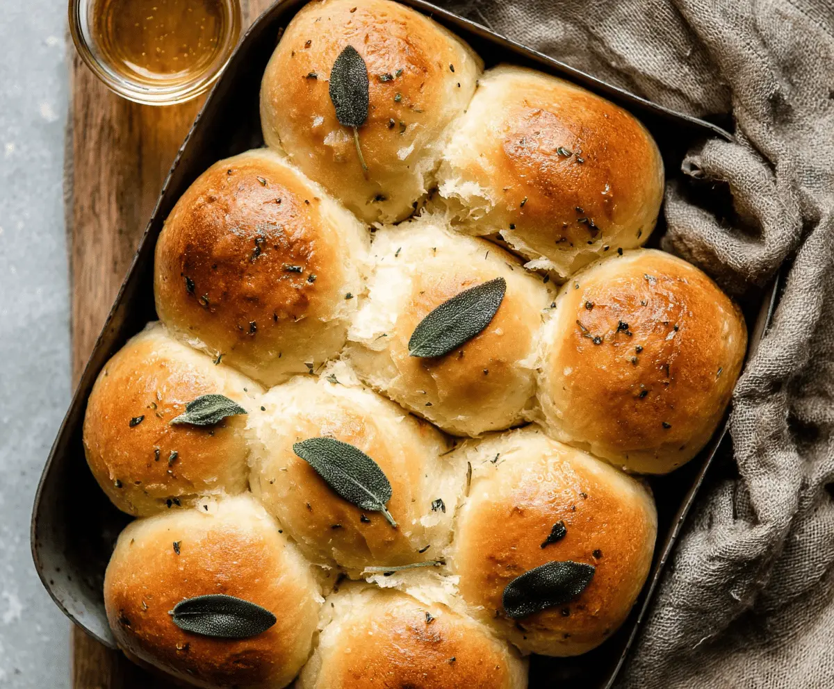 Golden brown dinner rolls topped with crispy sage leaves and drizzled with melted butter, perfect for a savory meal.