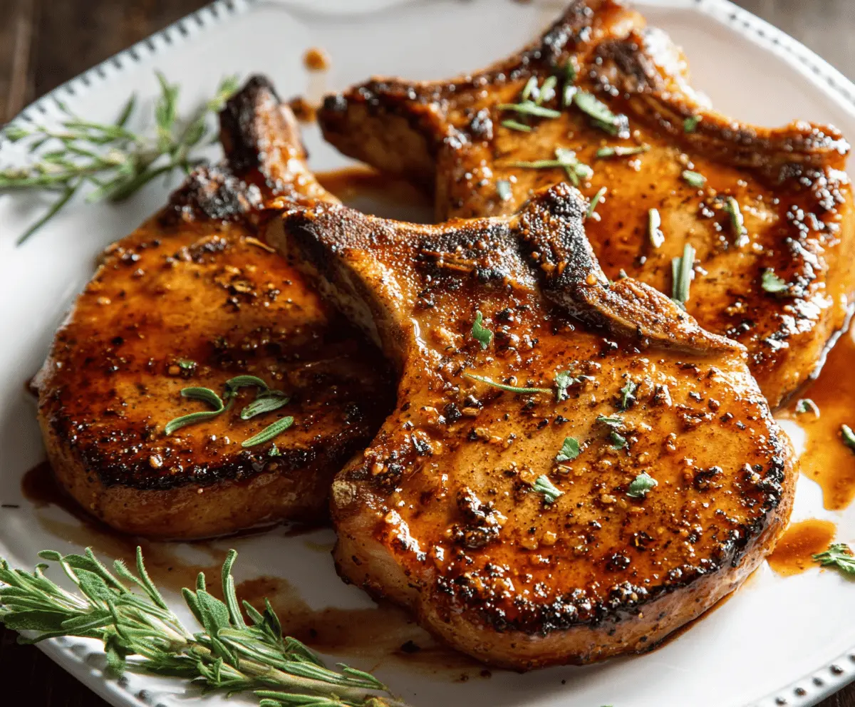 Juicy brown sugar glazed pork chops garnished with fresh herbs on a rustic wooden table, perfect for a flavorful dinner