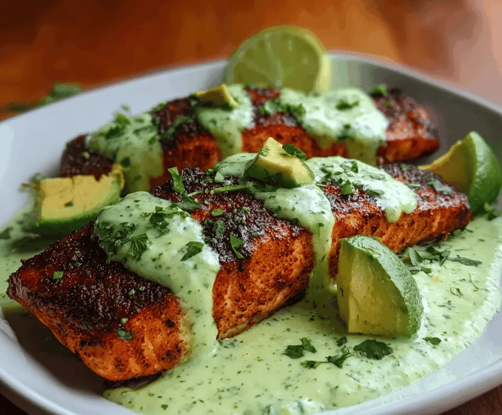 Delicious Cajun salmon fillet topped with vibrant avocado lime sauce, served on a white plate with fresh herbs for a flavorful seafood dish.