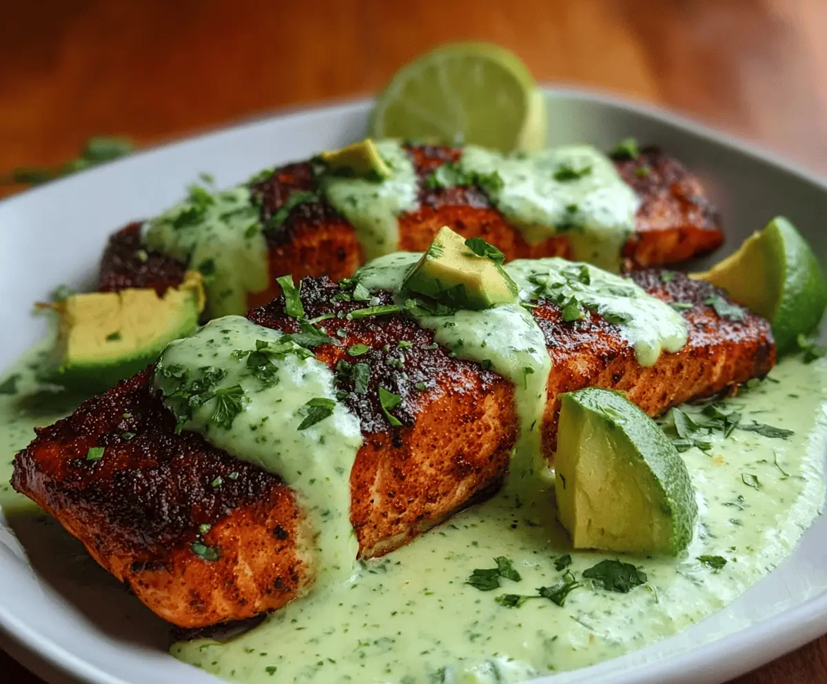 Delicious Cajun salmon fillet topped with vibrant avocado lime sauce, served on a white plate with fresh herbs for a flavorful seafood dish.