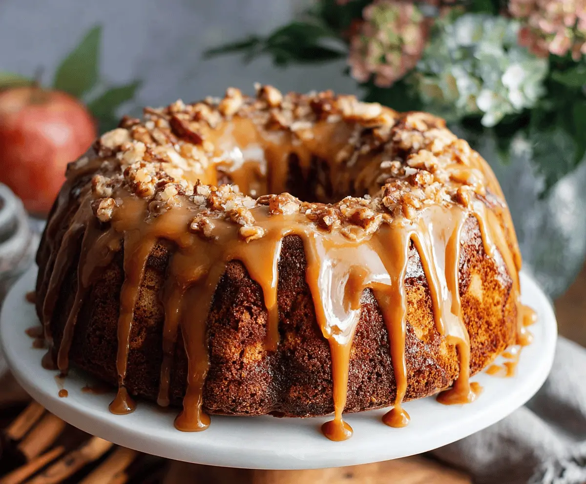 Delicious caramel apple bundt cake topped with caramel drizzle and apple slices, ready to serve