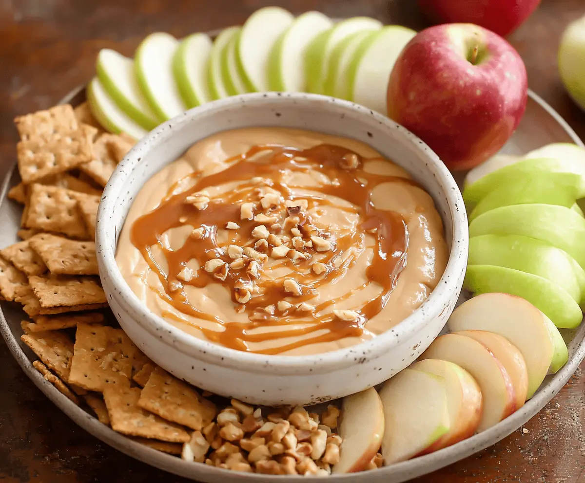 Creamy caramel apple dip served with fresh apple slices, perfect for fall treats and parties.