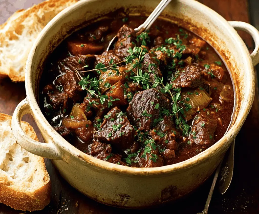 Hearty Carbonnade Flamande Belgian beef and onion stew served in a rustic bowl with fresh herbs