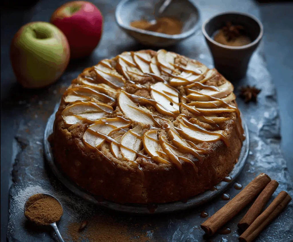 Delicious Chai Spice Apple Cake topped with cinnamon and powdered sugar, served on a rustic wooden table, perfect for fall desserts.