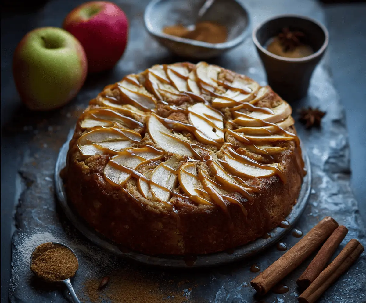 Delicious Chai Spice Apple Cake topped with cinnamon and powdered sugar, served on a rustic wooden table, perfect for fall desserts.