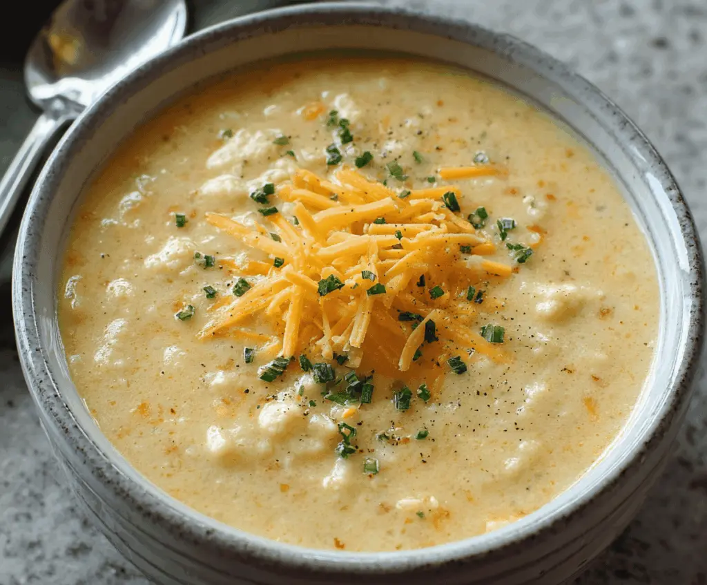 Creamy cheddar cauliflower soup served in a bowl, garnished with fresh herbs and shredded cheese, perfect for a comforting, healthy meal.