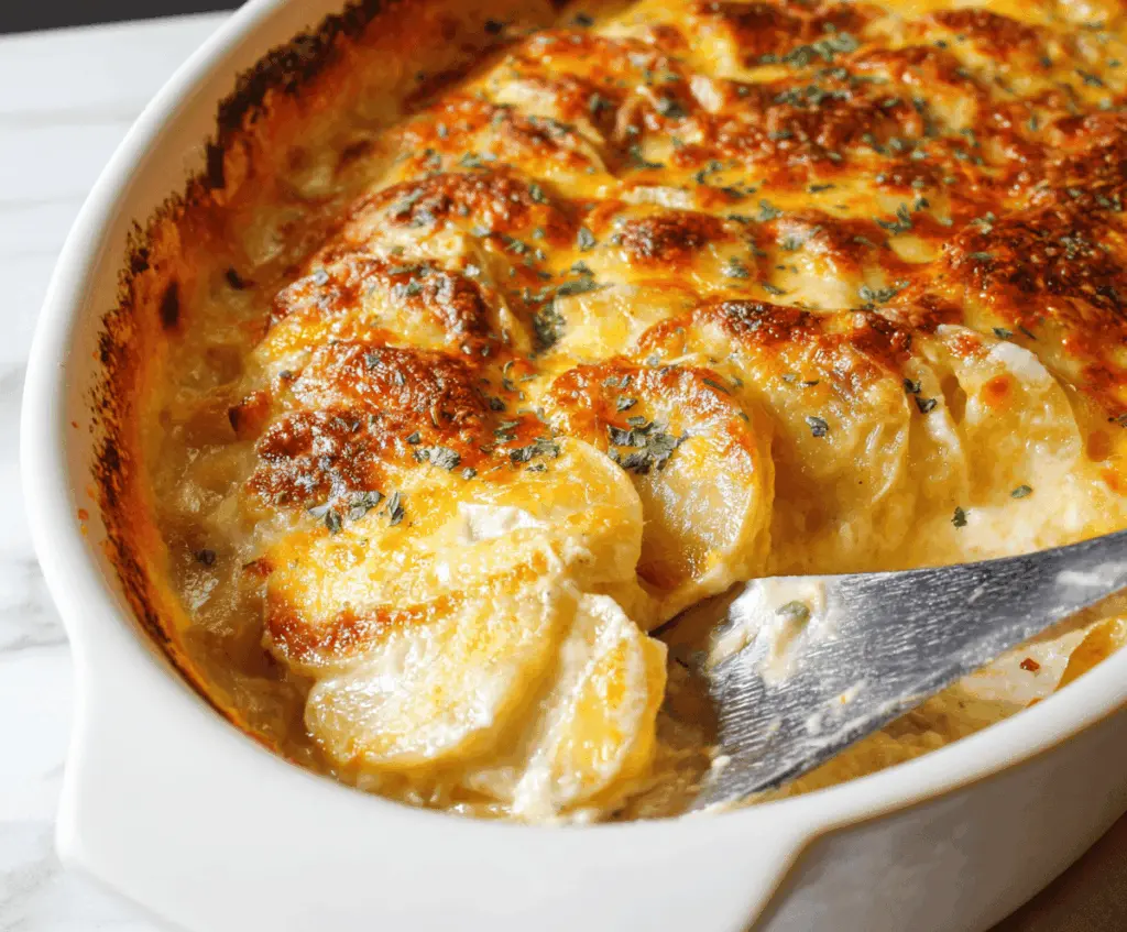 Creamy cheesy scalloped potatoes baked to perfection with golden bubbly cheese topping and tender sliced potatoes