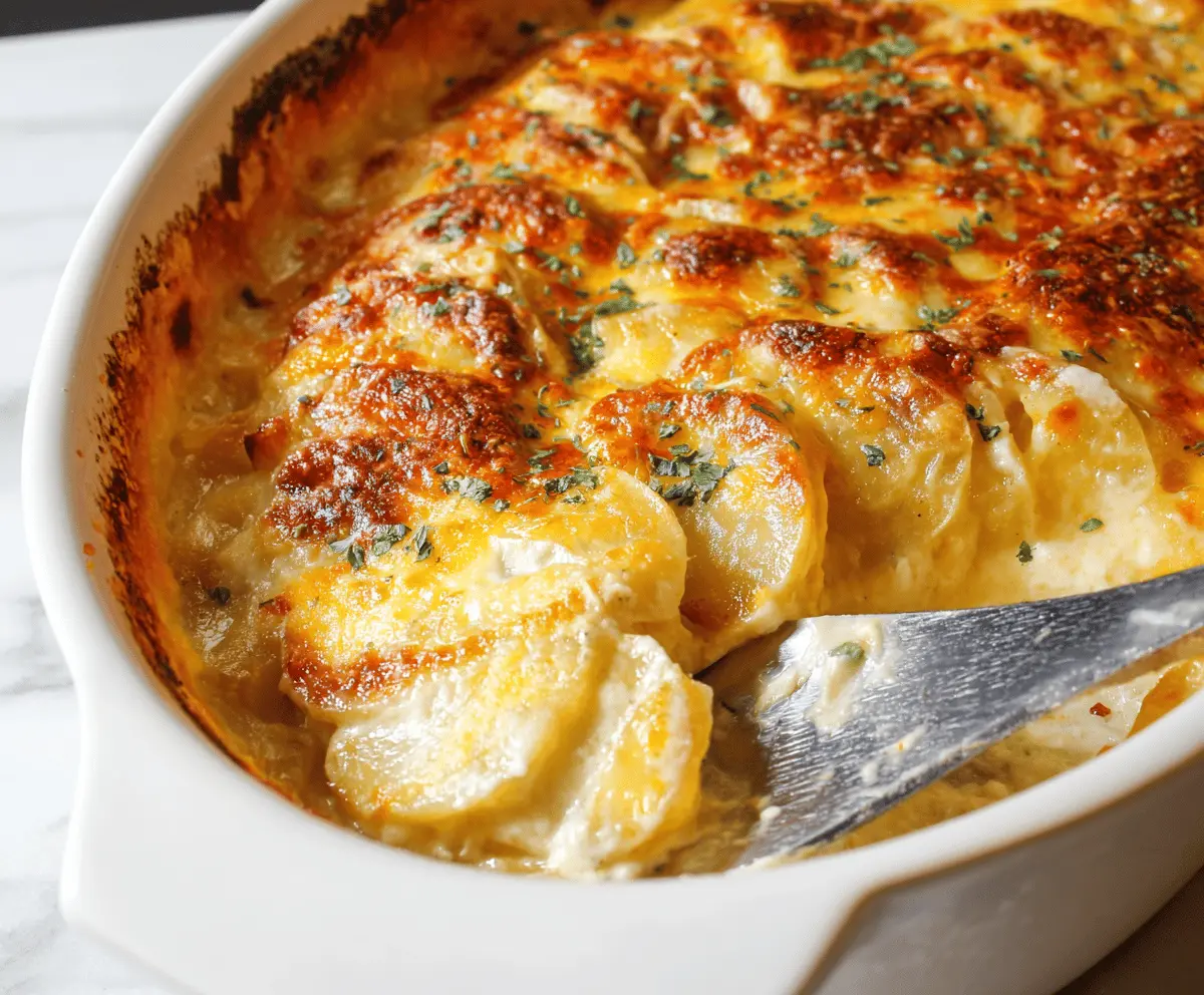 Creamy cheesy scalloped potatoes baked to perfection with golden bubbly cheese topping and tender sliced potatoes