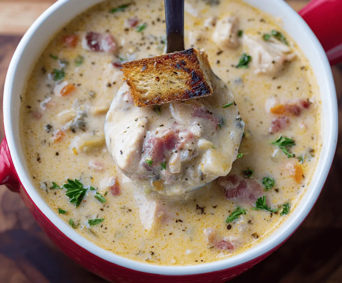 Creamy Chicken Cordon Bleu Soup with ham, cheese, and tender chicken served in a bowl