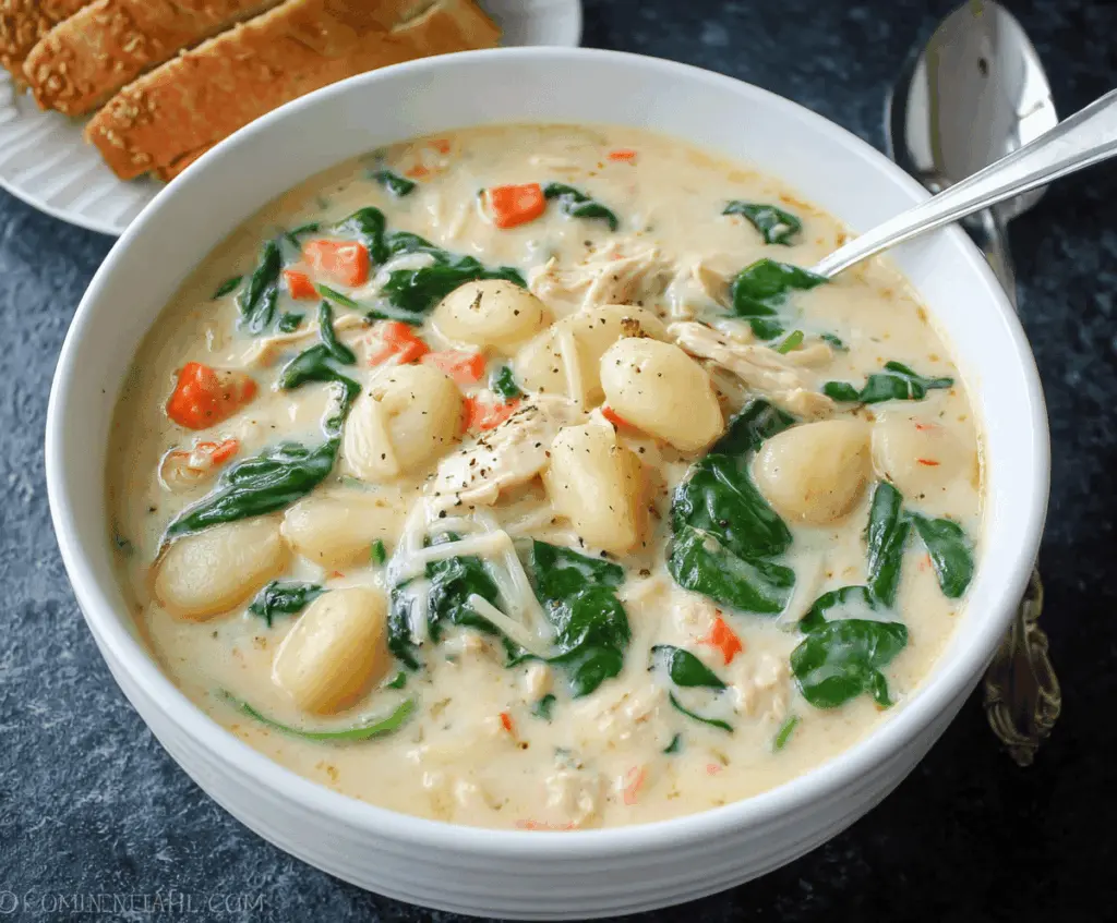 Creamy Chicken Gnocchi Soup in a bowl with cooked chicken, tender gnocchi, spinach, and herbs, perfect for a comforting meal