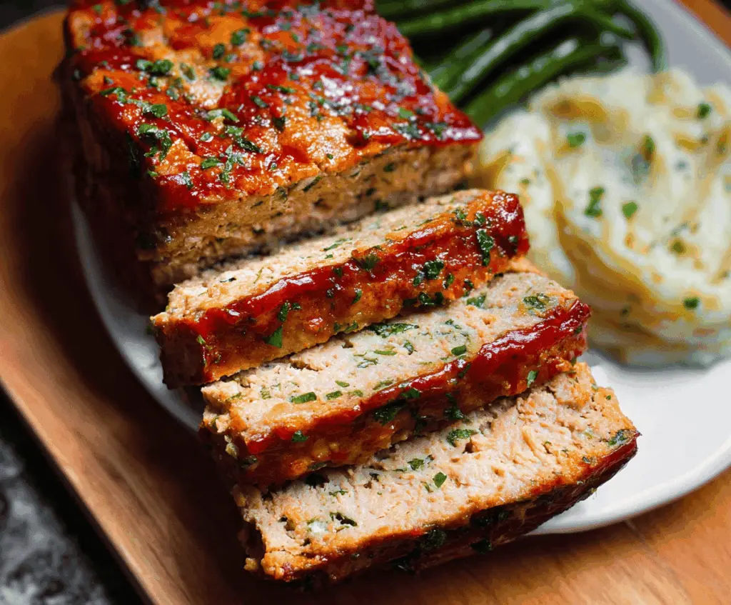 Delicious baked chicken meatloaf served with vegetables on a dinner plate.