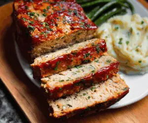Delicious baked chicken meatloaf served with vegetables on a dinner plate.