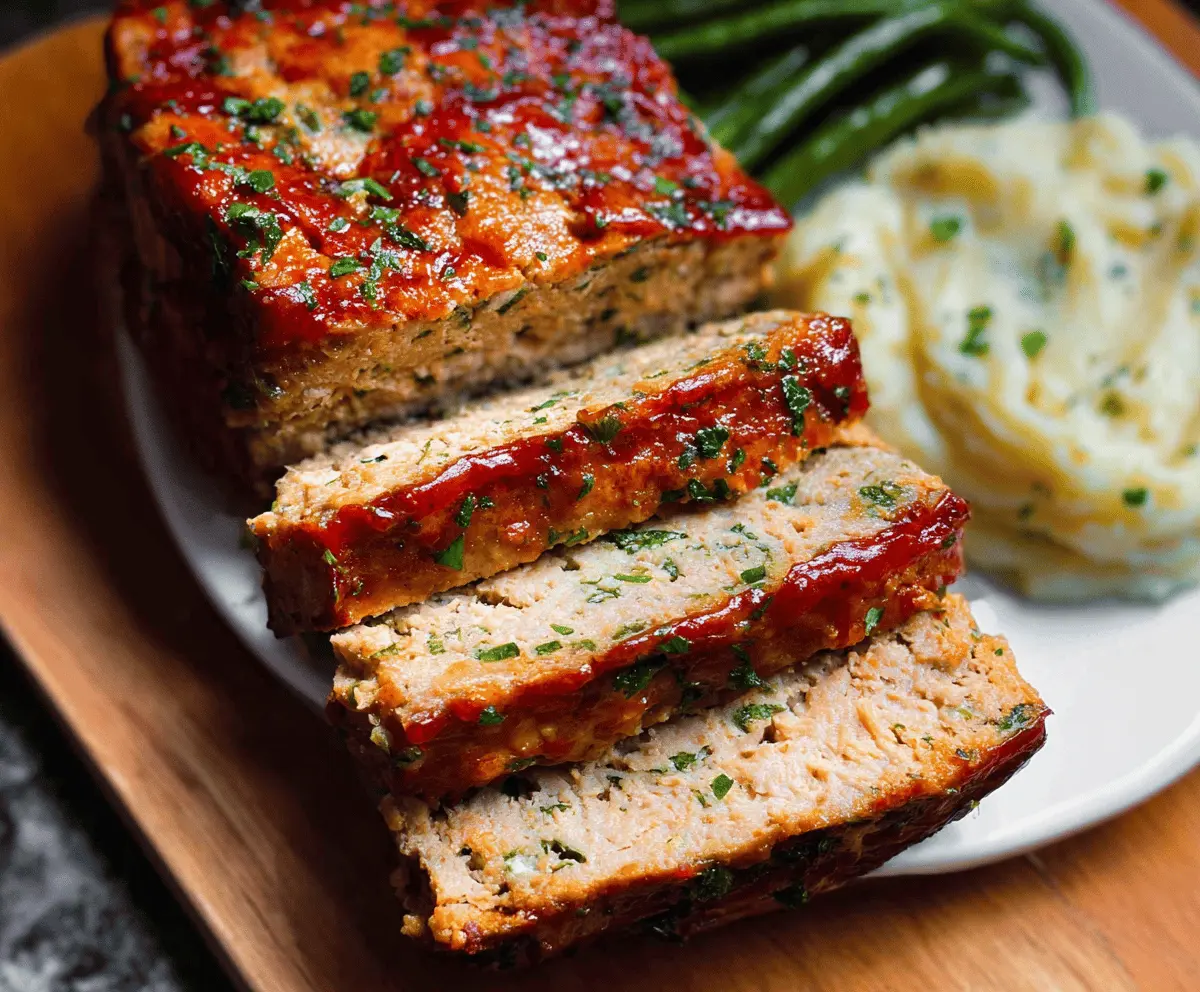 Delicious baked chicken meatloaf served with vegetables on a dinner plate.