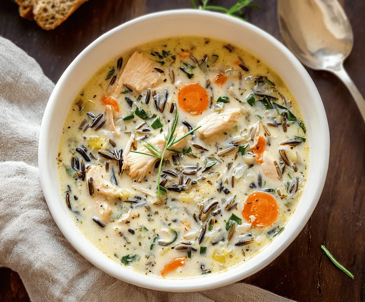 Creamy Chicken Wild Rice Soup served in a bowl with shredded chicken, wild rice, and fresh herbs, perfect for a comforting meal.