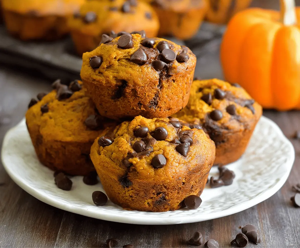 Delicious homemade chocolate chip pumpkin muffins with a golden-brown top and melty chocolate chips, perfect for fall breakfast or snack.