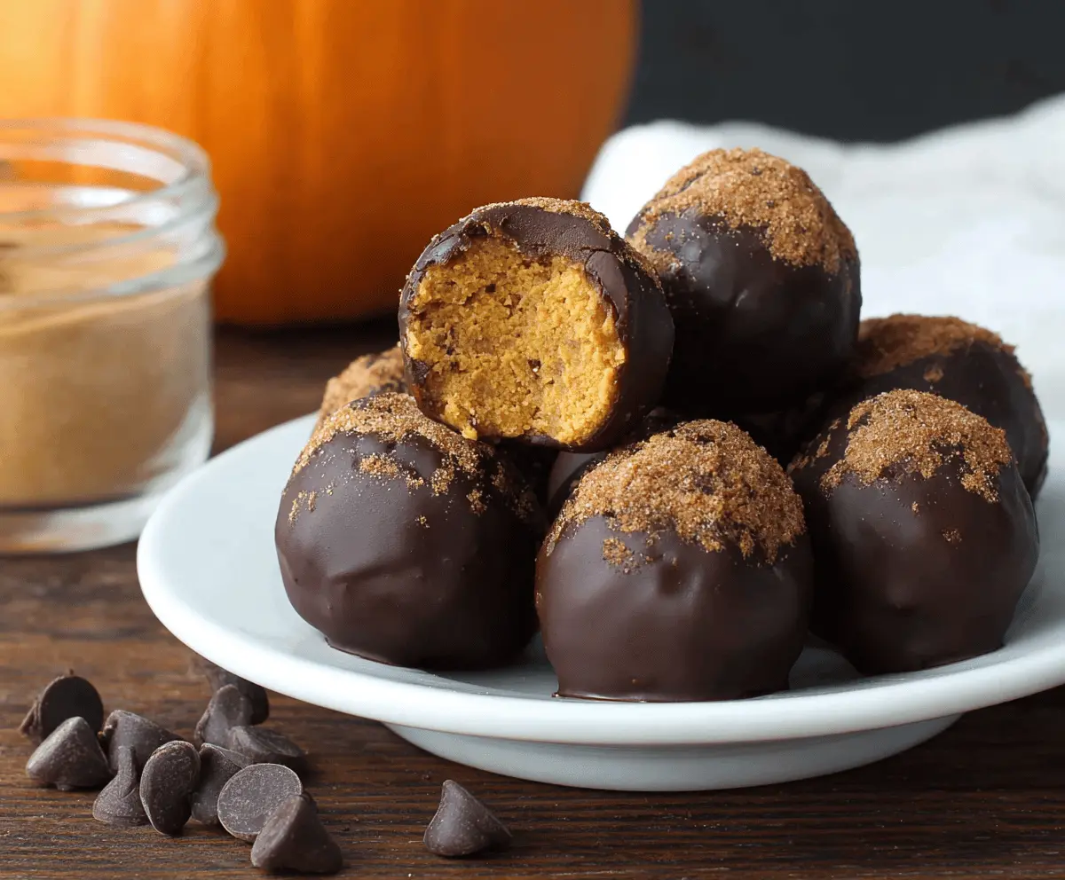 Delicious chocolate-covered pumpkin protein balls on a white plate, perfect for a healthy snack or energy boost.