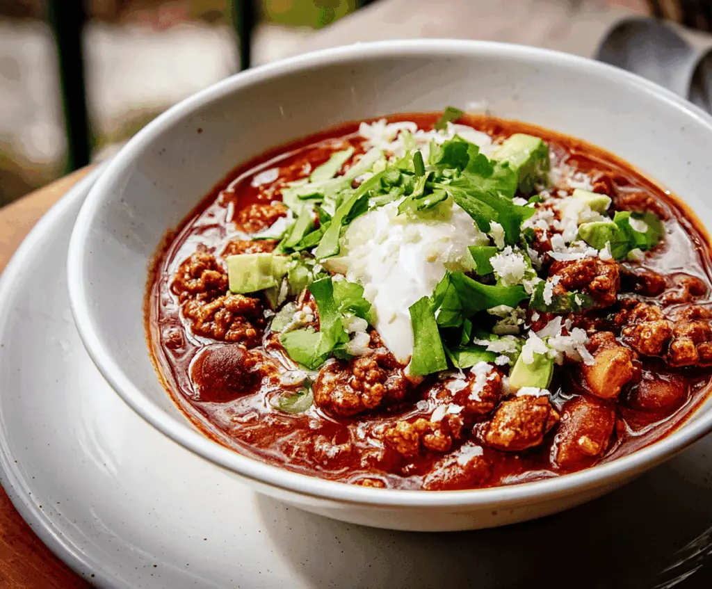 Spicy chorizo chili served in a bowl with garnishes, showcasing a hearty and flavorful Mexican-inspired dish
