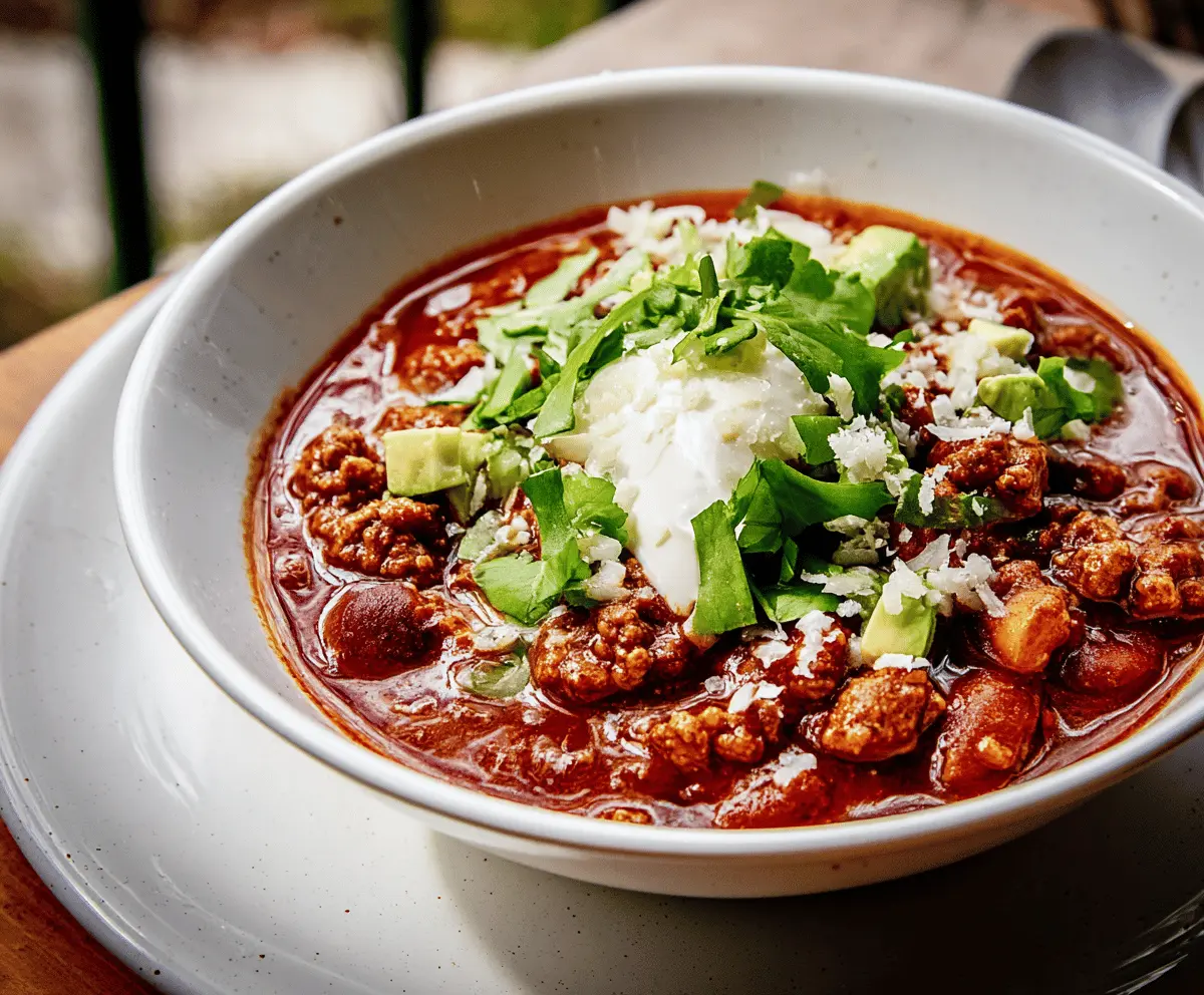 Spicy chorizo chili served in a bowl with garnishes, showcasing a hearty and flavorful Mexican-inspired dish