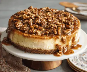 Delicious Cinnamon Pecan Pie Cheesecake garnished with pecans and cinnamon, served on a decorative platter.