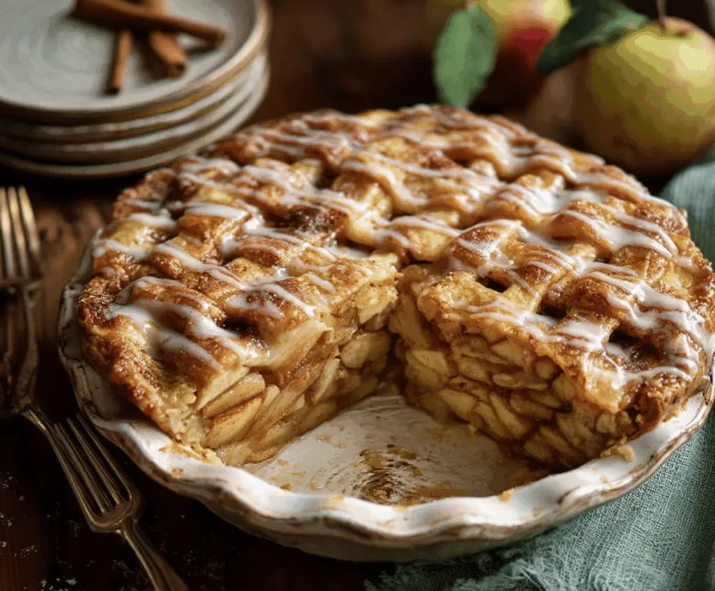 Delicious cinnamon roll apple pie with a golden crust and cinnamon swirls on a rustic plate.