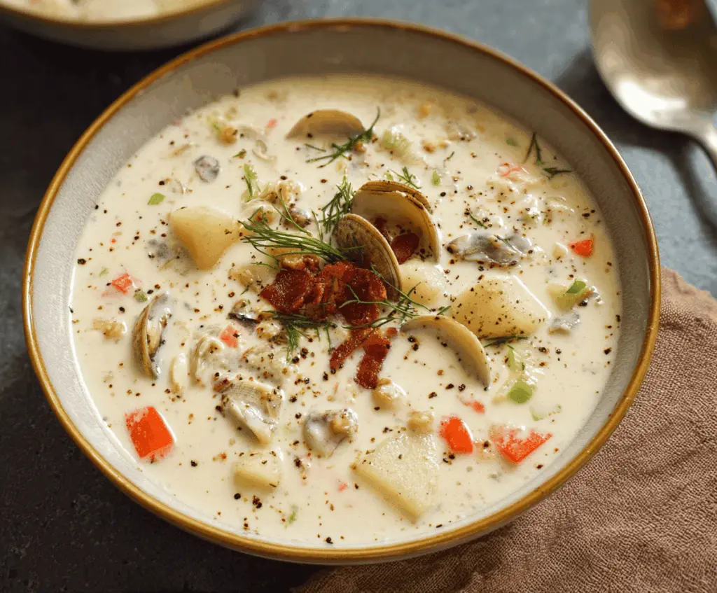 Creamy clam chowder served in a bowl with fresh herbs, served with crusty bread on a rustic wooden table.
