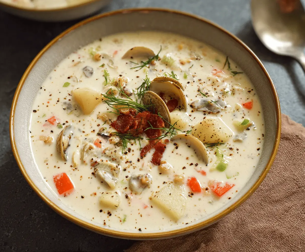 Creamy clam chowder served in a bowl with fresh herbs, served with crusty bread on a rustic wooden table.