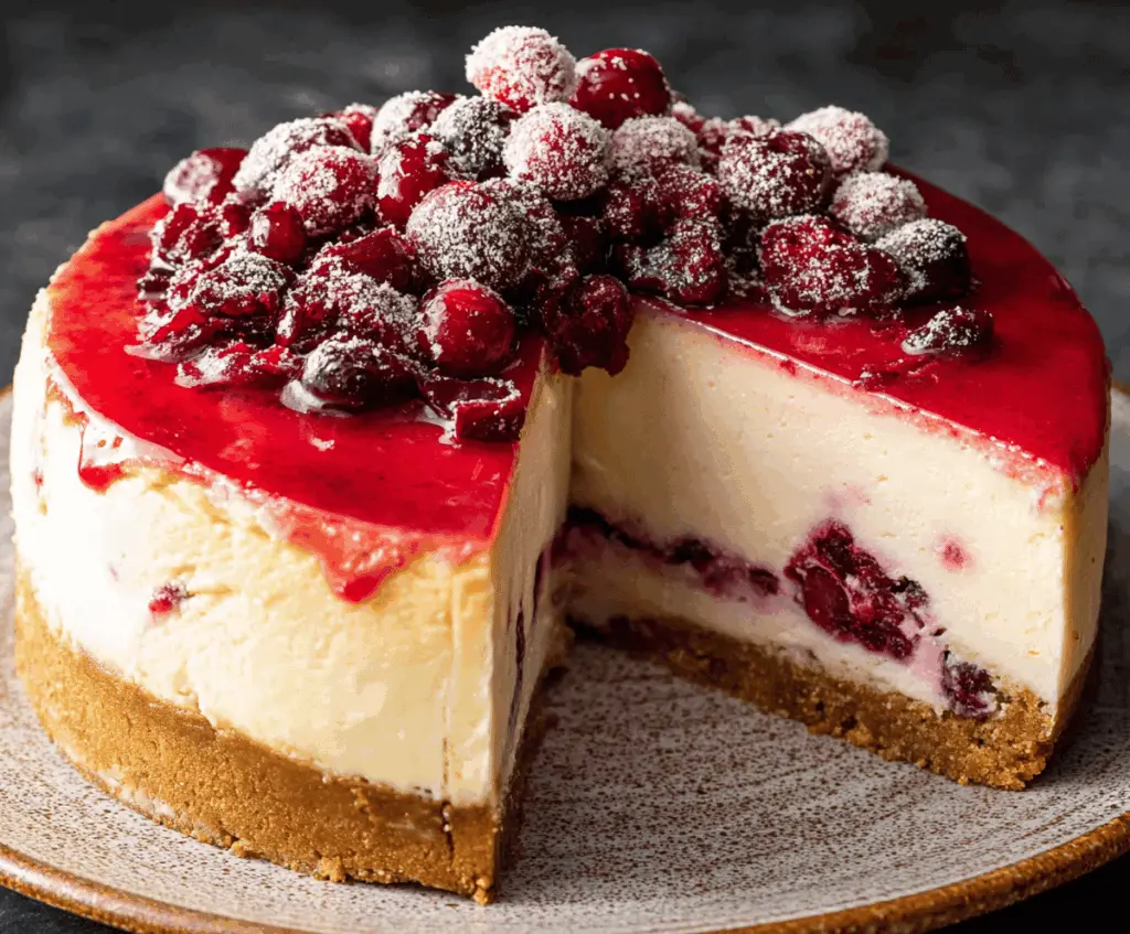 Delicious cranberry cheesecake topped with fresh cranberries and a graham cracker crust on a white plate