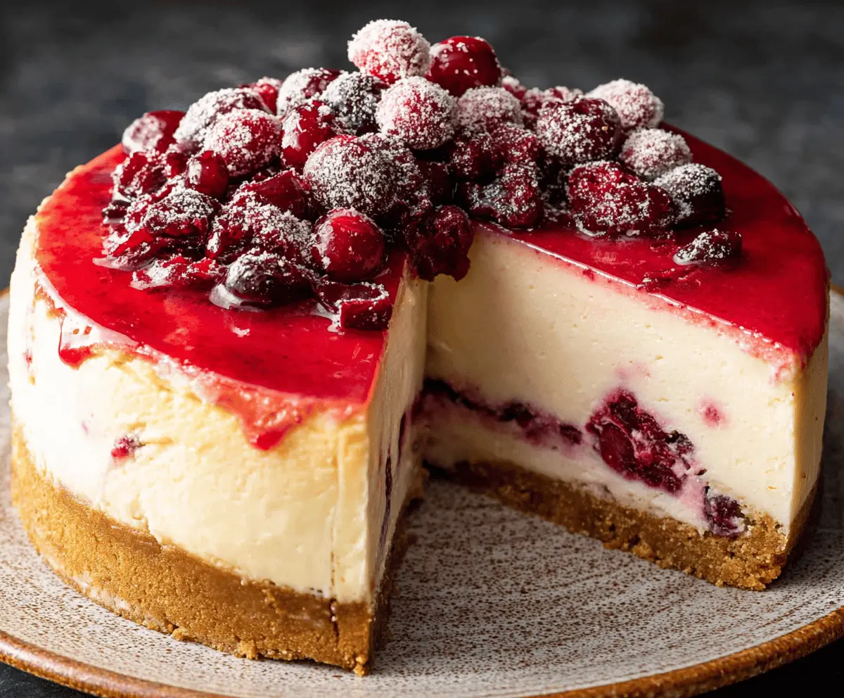 Delicious cranberry cheesecake topped with fresh cranberries and a graham cracker crust on a white plate