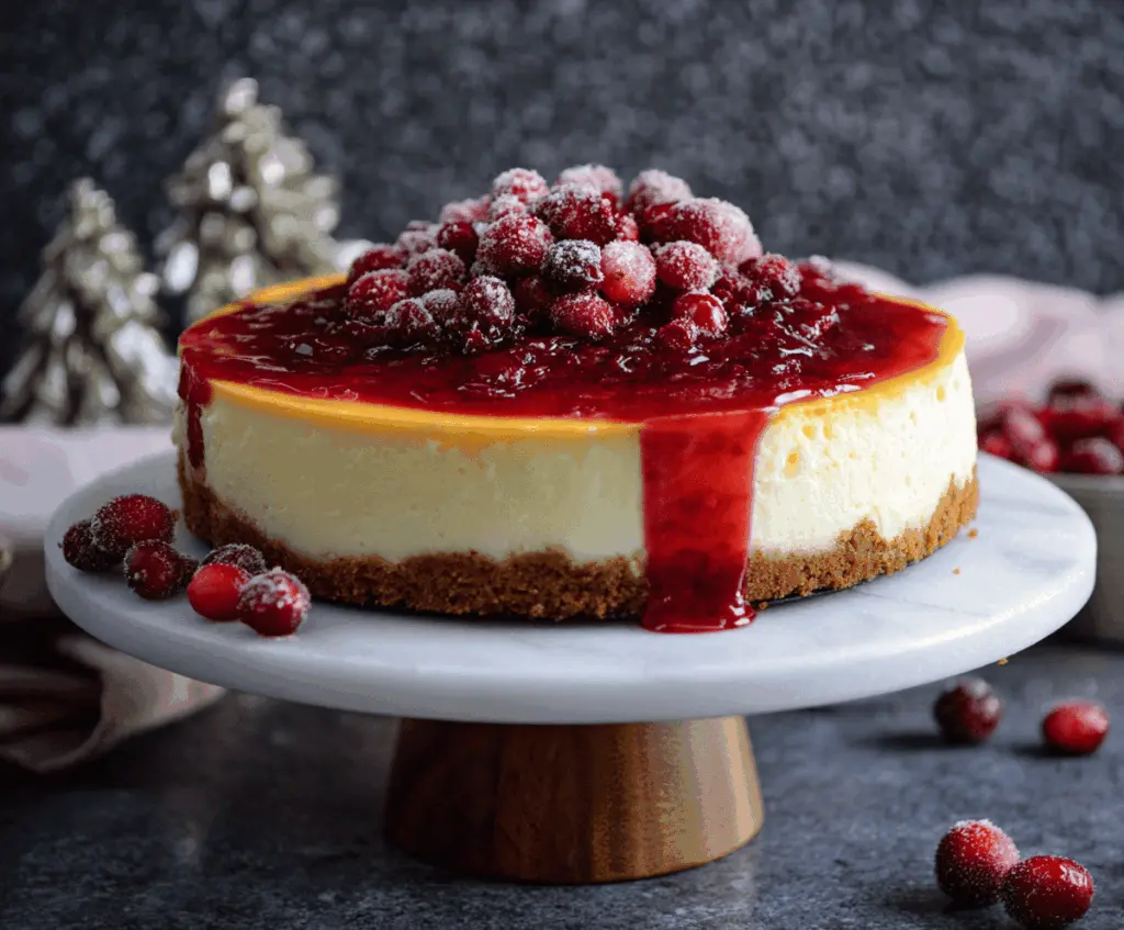 Creamy cranberry orange cheesecake topped with fresh cranberries and orange zest, served on a decorative plate.