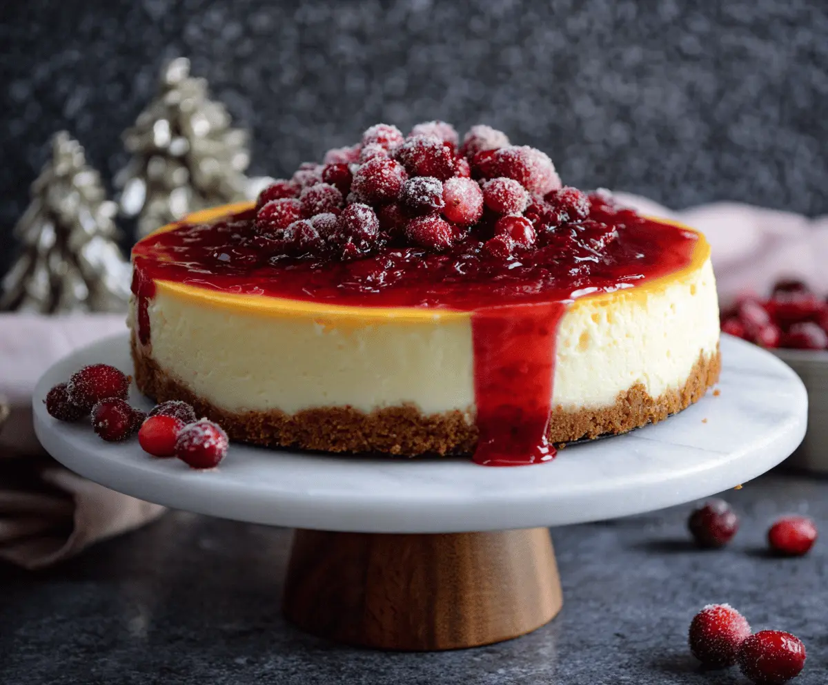 Creamy cranberry orange cheesecake topped with fresh cranberries and orange zest, served on a decorative plate.